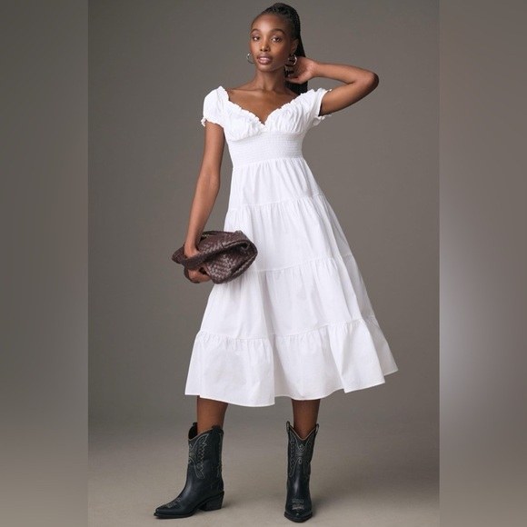 o.p.t Dresses & Skirts - O.P.T Puff Sleeve Smocked Midi Dress in Classic White